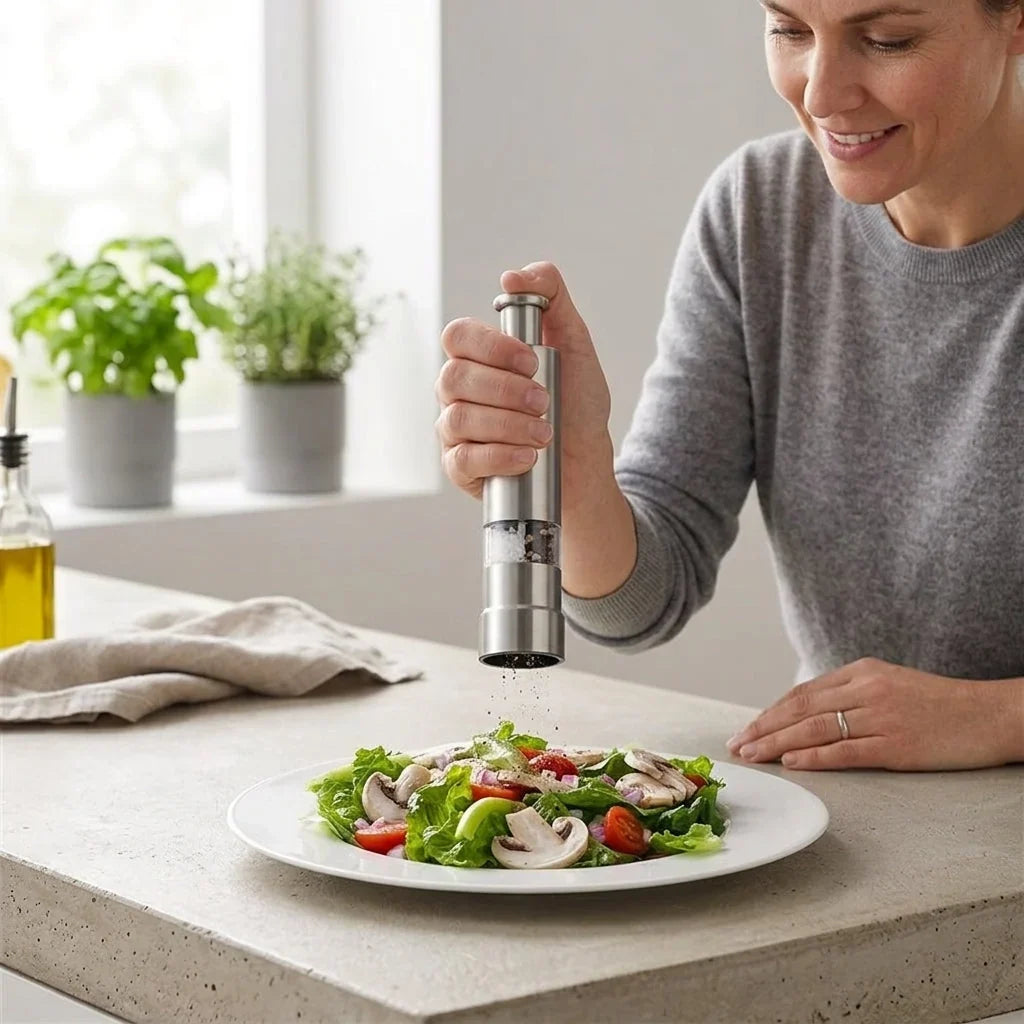 Salt & Pepper Mill | One-Handed Operation & Stainless Steel Grinder | 15.4 cm