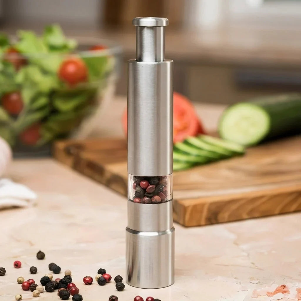 Salt & Pepper Mill | One-Handed Operation & Stainless Steel Grinder | 15.4 cm