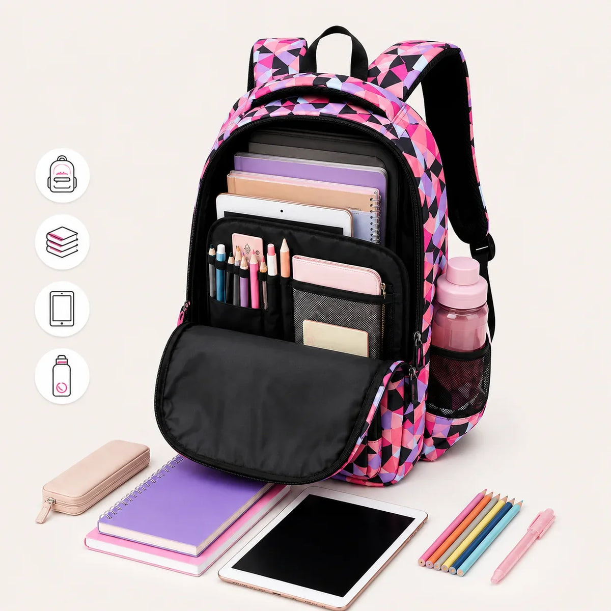 School Backpack Set | Water-Repellent Polyester, Laptop Compartment & Padded Straps | 3-Piece