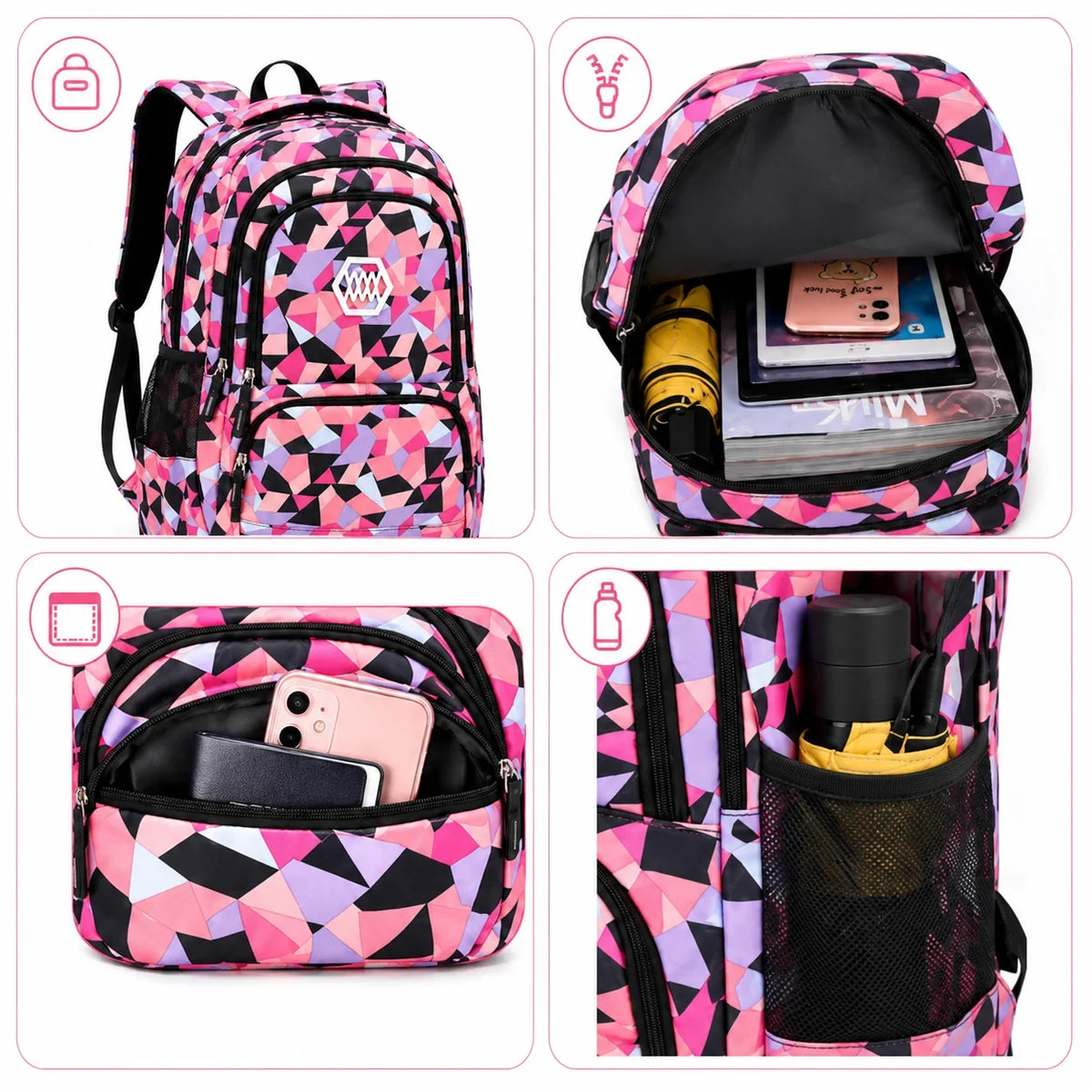 School Backpack Set | Water-Repellent Polyester, Laptop Compartment & Padded Straps | 3-Piece