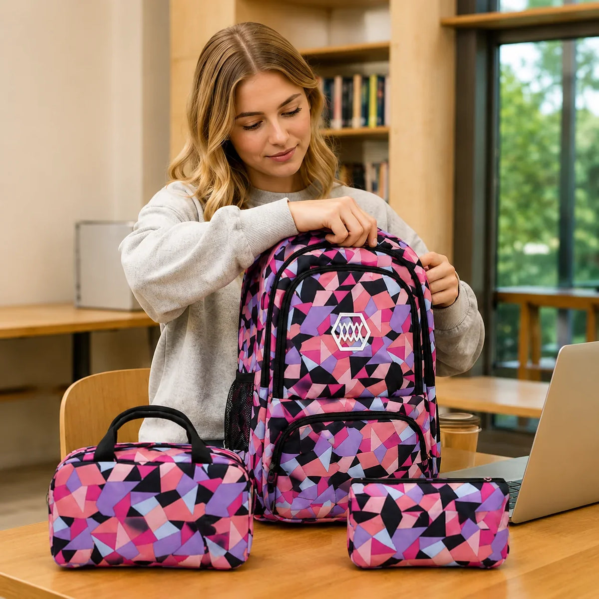 School Backpack Set | Water-Repellent Polyester, Laptop Compartment & Padded Straps | 3-Piece