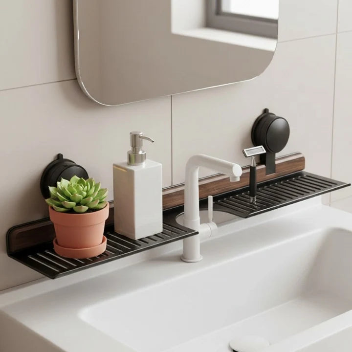 Sink Shelf | Walnut & Aluminum Quick-Drain No-Drill Suction Mount