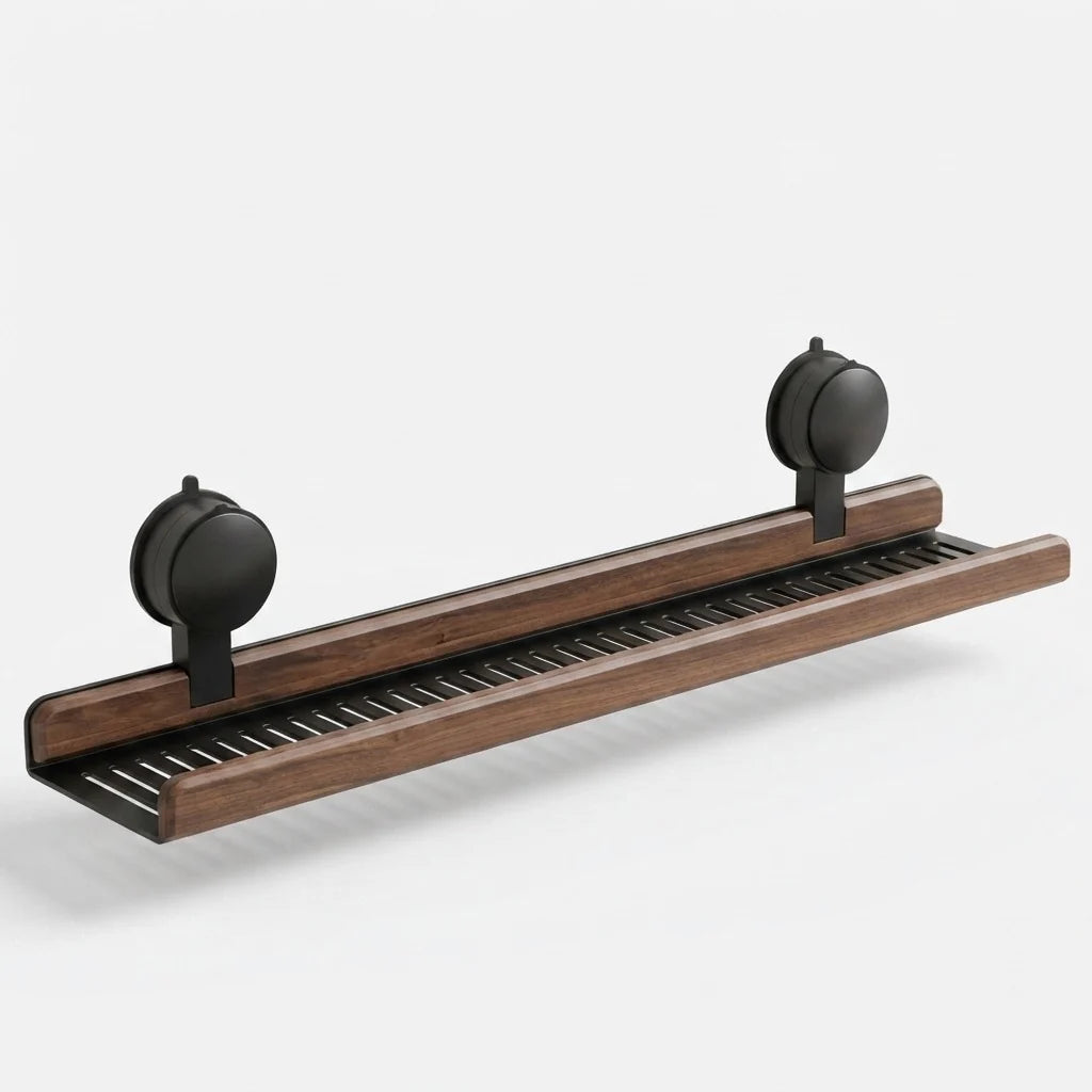 Sink Shelf | Walnut & Aluminum Quick-Drain No-Drill Suction Mount
