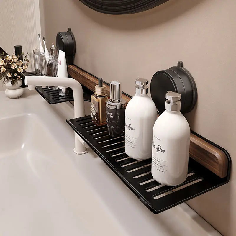 Sink Shelf | Walnut & Aluminum Quick-Drain No-Drill Suction Mount