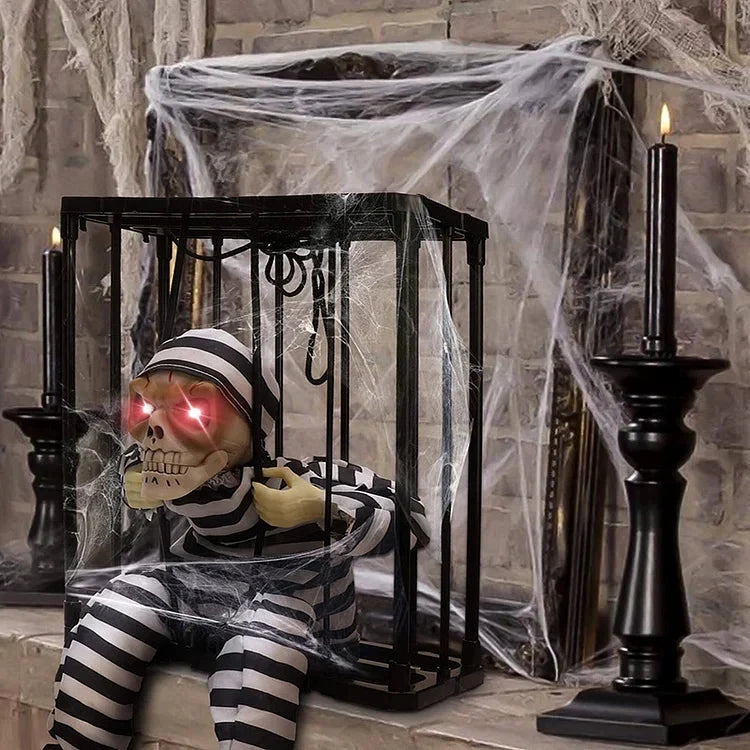 Skeleton Cage Decoration | Motion-Activated Red Eyes & Sound | Weatherproof