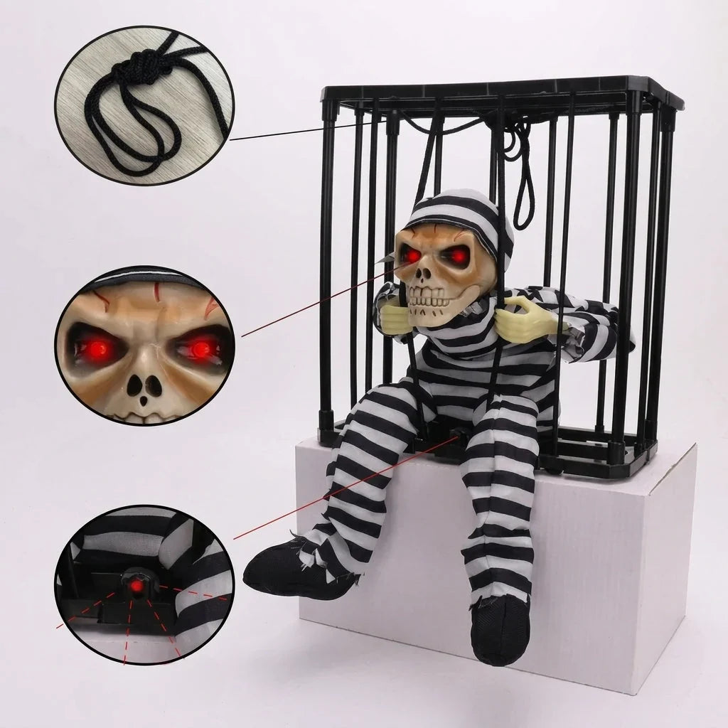 Skeleton Cage Decoration | Motion-Activated Red Eyes & Sound | Weatherproof
