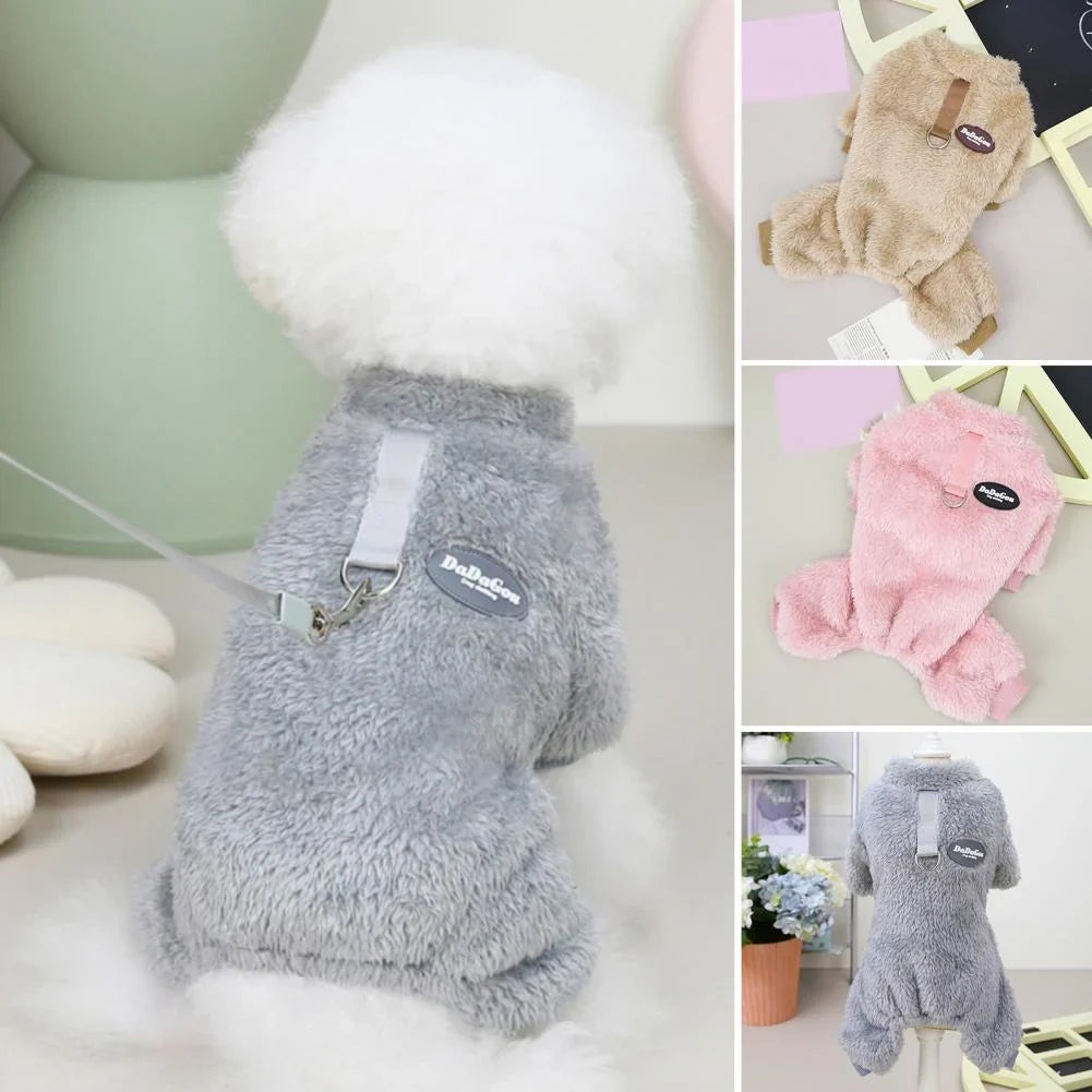 Small Pet Jumpsuit | Coral Fleece & Elastic Fit | D-Ring Leash Attachment