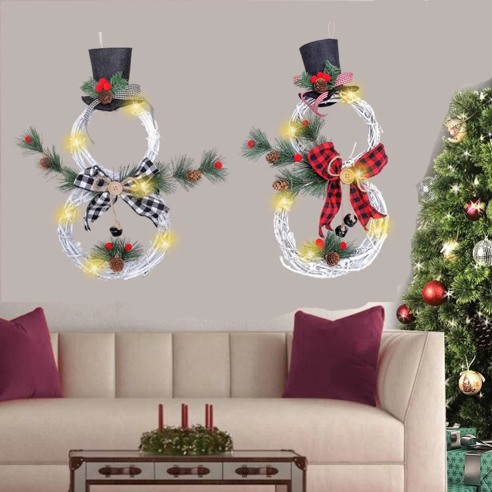Snowman Wreath | Battery-Operated LED & Artificial Greenery | 40 x 21 cm