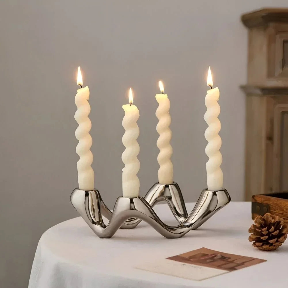 Table Candle Holder | Sculptural Wave Ceramic | Holds 4 Taper Candles