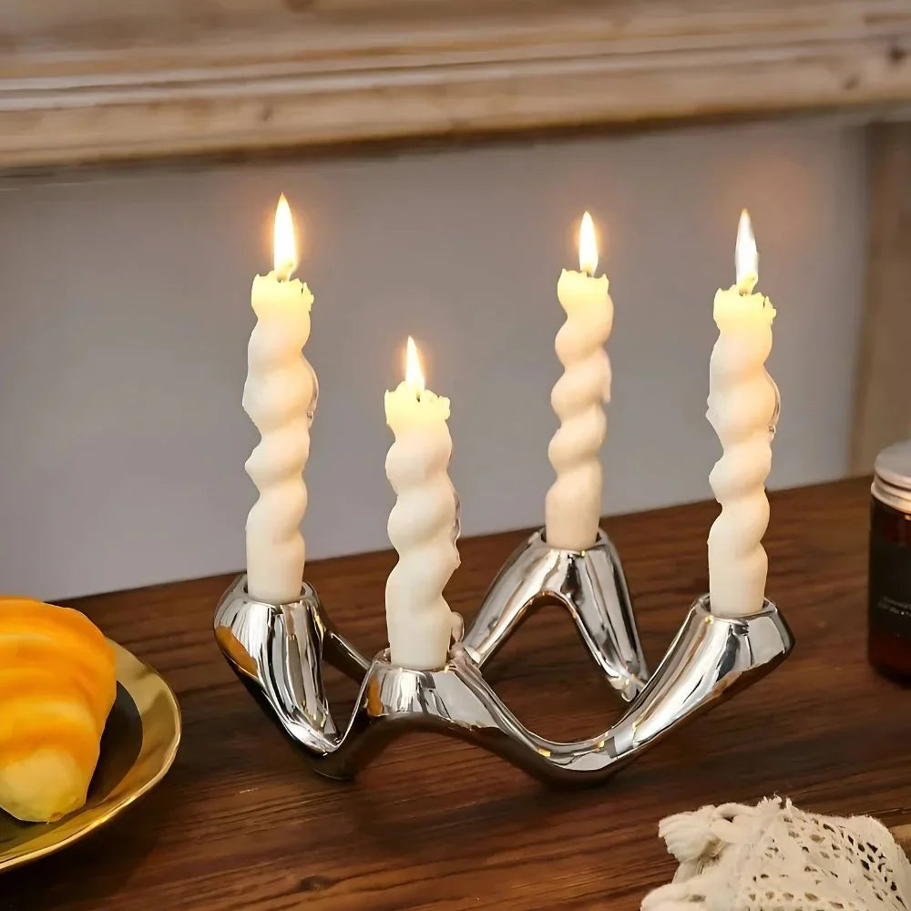 Table Candle Holder | Sculptural Wave Ceramic | Holds 4 Taper Candles