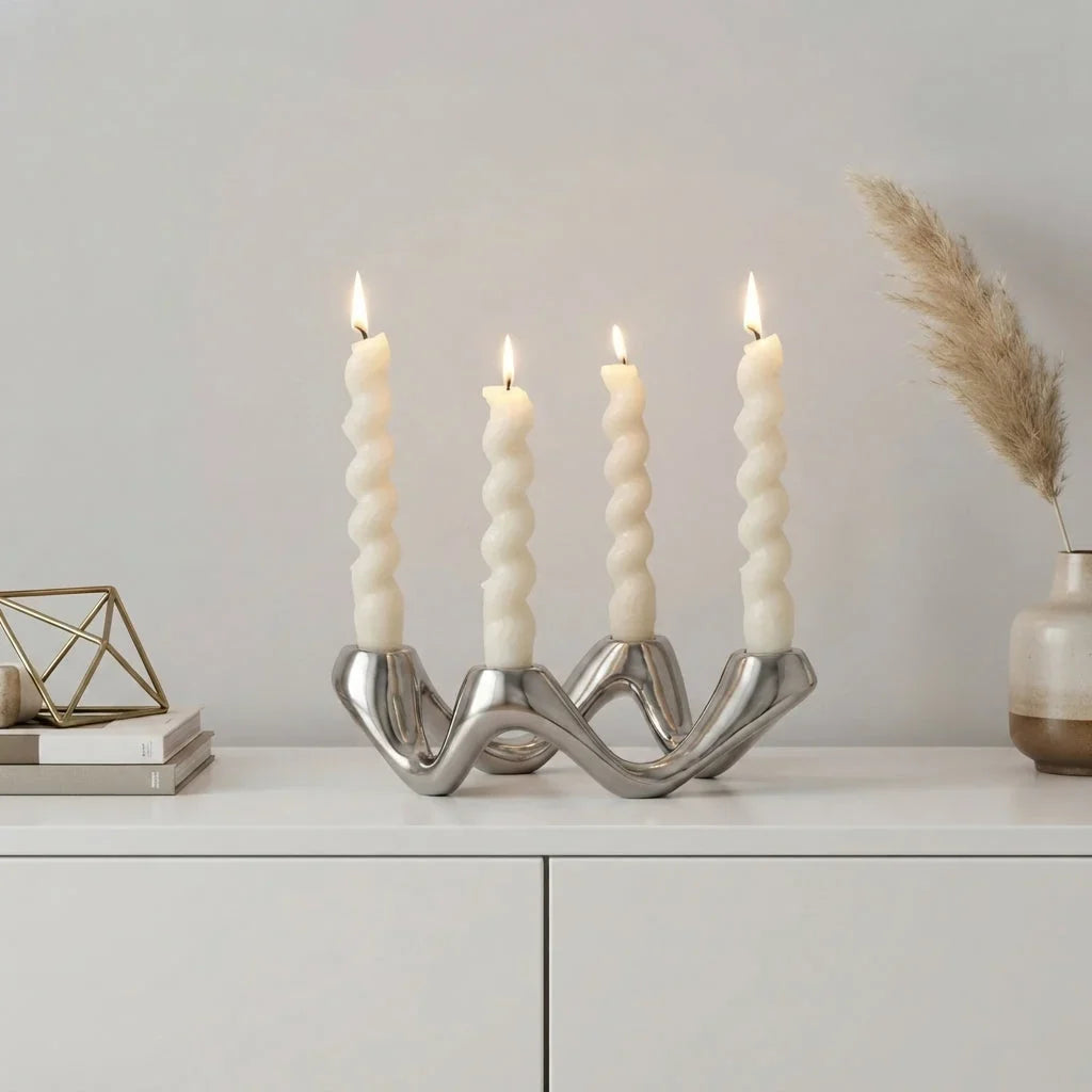 Table Candle Holder | Sculptural Wave Ceramic | Holds 4 Taper Candles