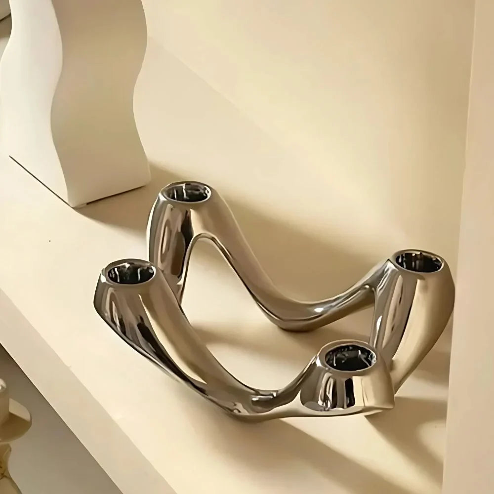 Table Candle Holder | Sculptural Wave Ceramic | Holds 4 Taper Candles