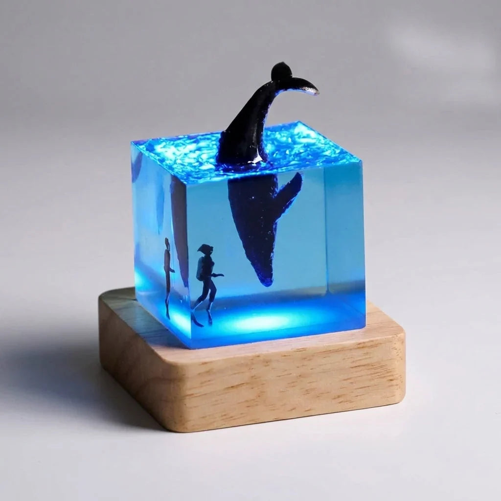 Table Lamp | Ambient LED Resin Cube & Solid Wooden Base