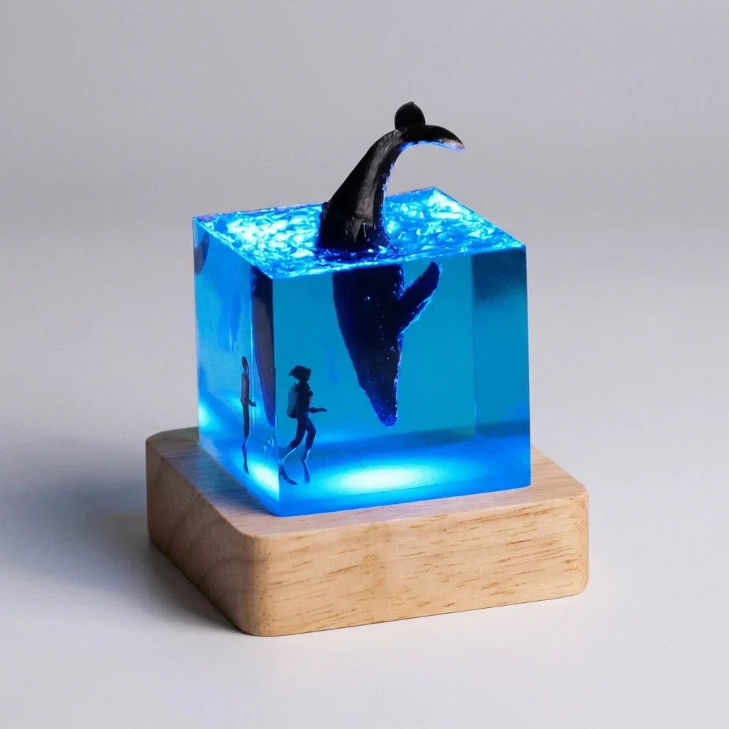 Table Lamp | Ambient LED Resin Cube & Solid Wooden Base