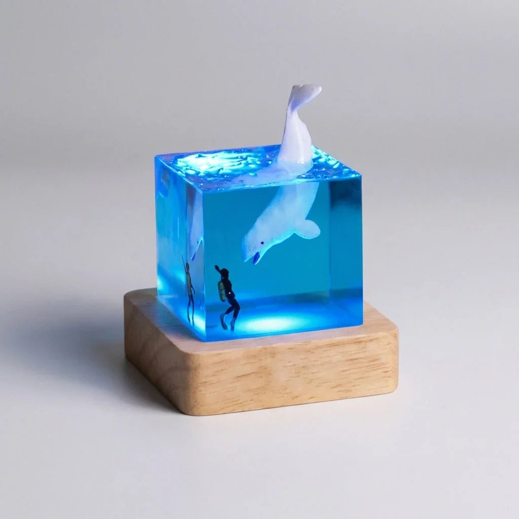 Table Lamp | Ambient LED Resin Cube & Solid Wooden Base