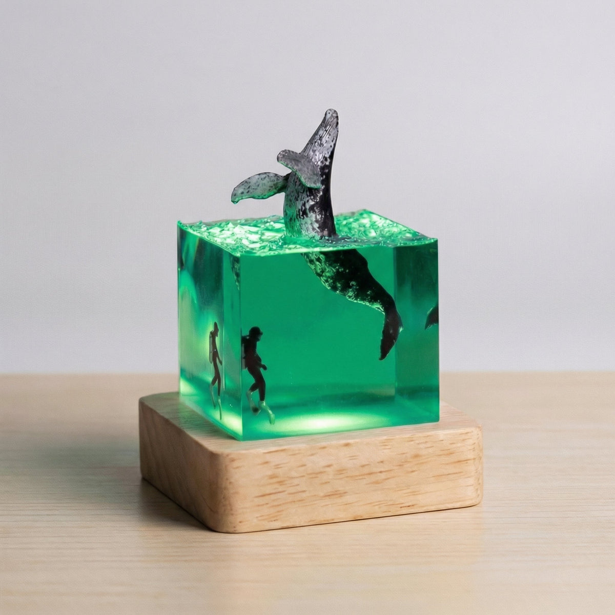 Table Lamp | Ambient LED Resin Cube & Solid Wooden Base