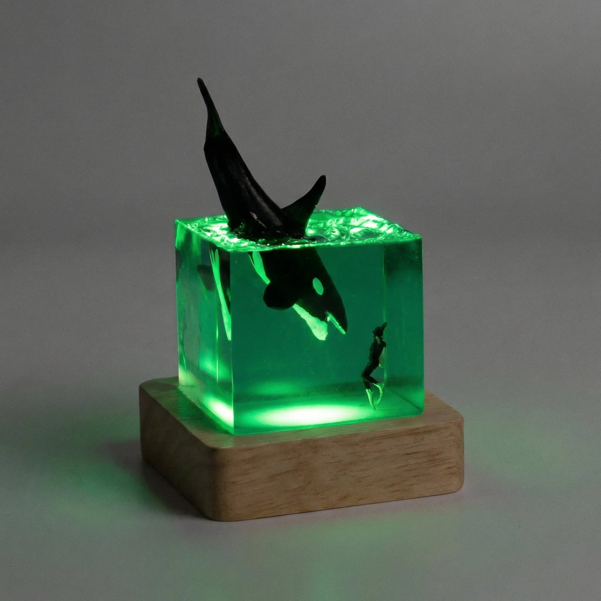 Table Lamp | Ambient LED Resin Cube & Solid Wooden Base