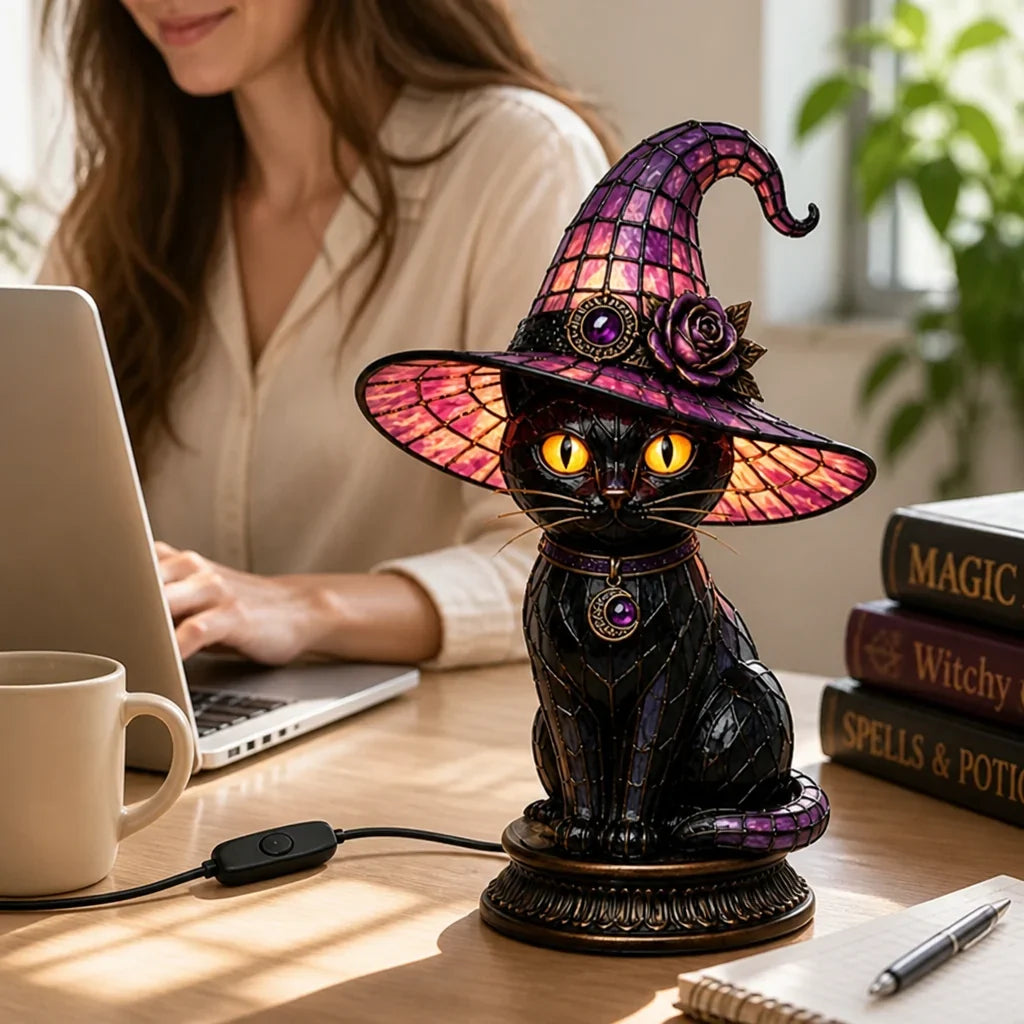 Table Lamp | Gothic Witch Cat Stained-Glass Look | 25 cm