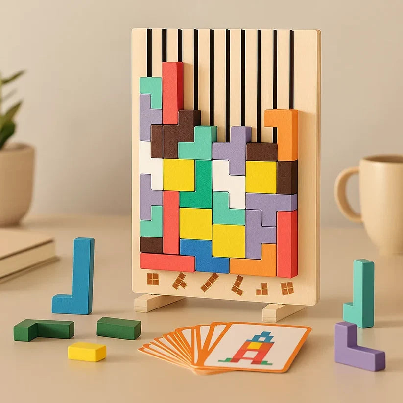 Tetris Puzzle Board | Wooden Upright Desktop | 10 Template Cards