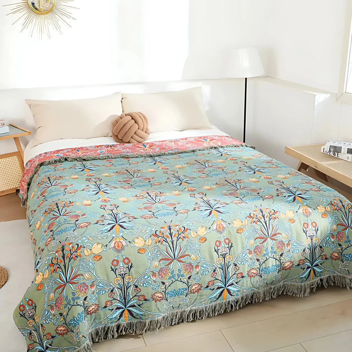 Throw Bedspread | Reversible 100% Cotton Jacquard Floral | 79 x 90.5 in