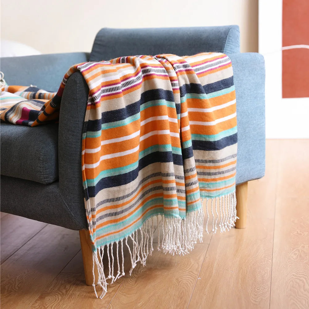 Throw Blanket | Anti-Lint Acrylic & Bohemian Striped With Tassels | 127 x 172 cm