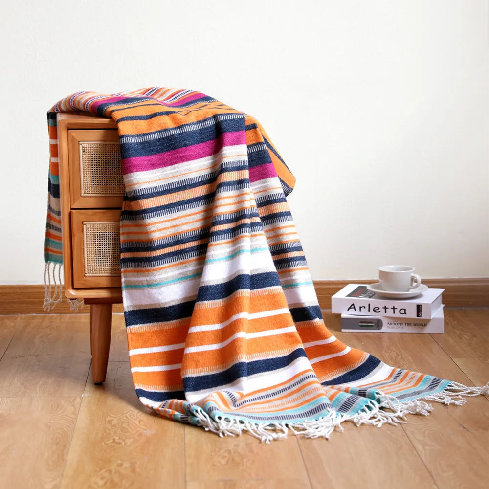 Throw Blanket | Anti-Lint Acrylic & Bohemian Striped With Tassels | 127 x 172 cm