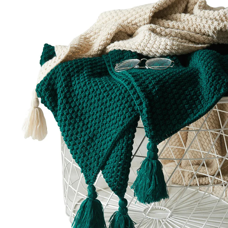 Throw Blanket | Soft Knitted Wool & Decorative Fringes | Machine Washable