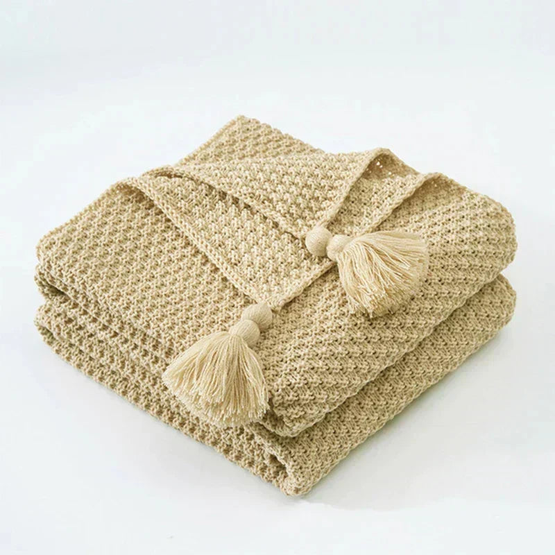 Throw Blanket | Soft Knitted Wool & Decorative Fringes | Machine Washable