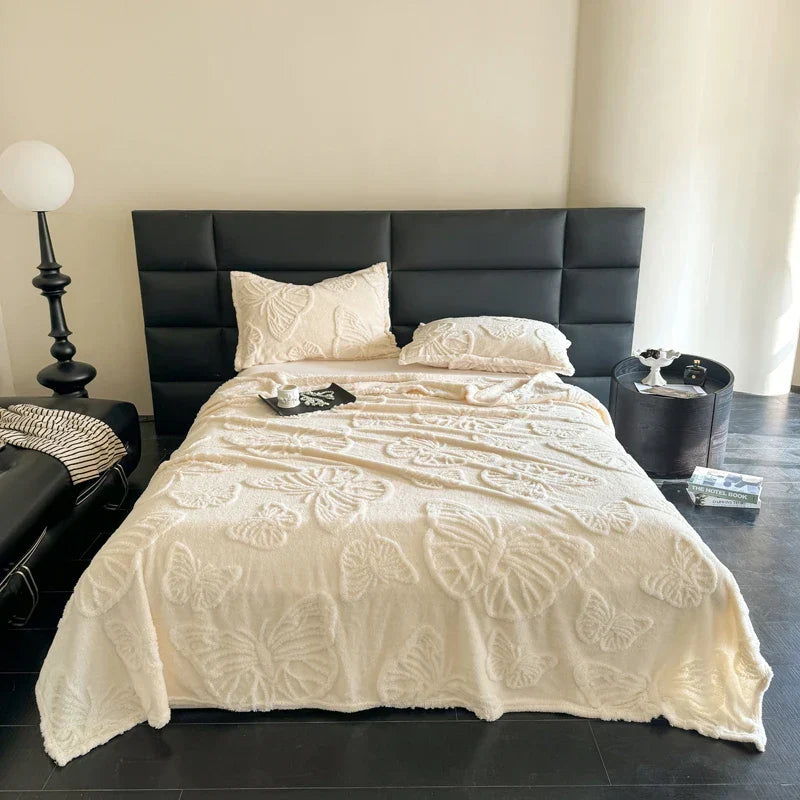 Throw Blanket | Velvet Jacquard Butterfly Motif & Travel-Friendly