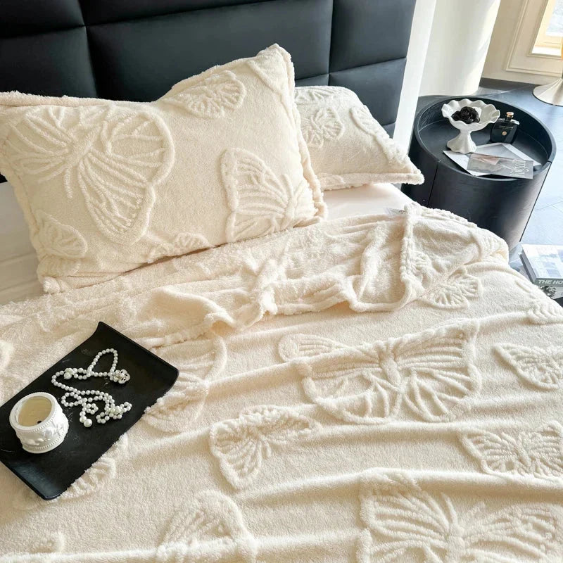 Throw Blanket | Velvet Jacquard Butterfly Motif & Travel-Friendly