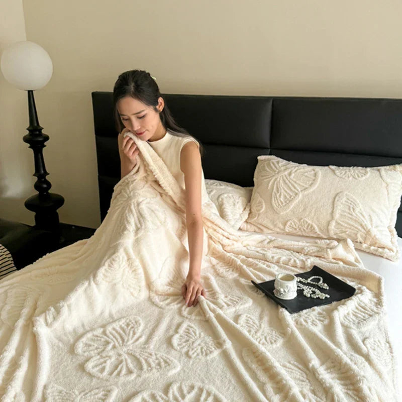 Throw Blanket | Velvet Jacquard Butterfly Motif & Travel-Friendly