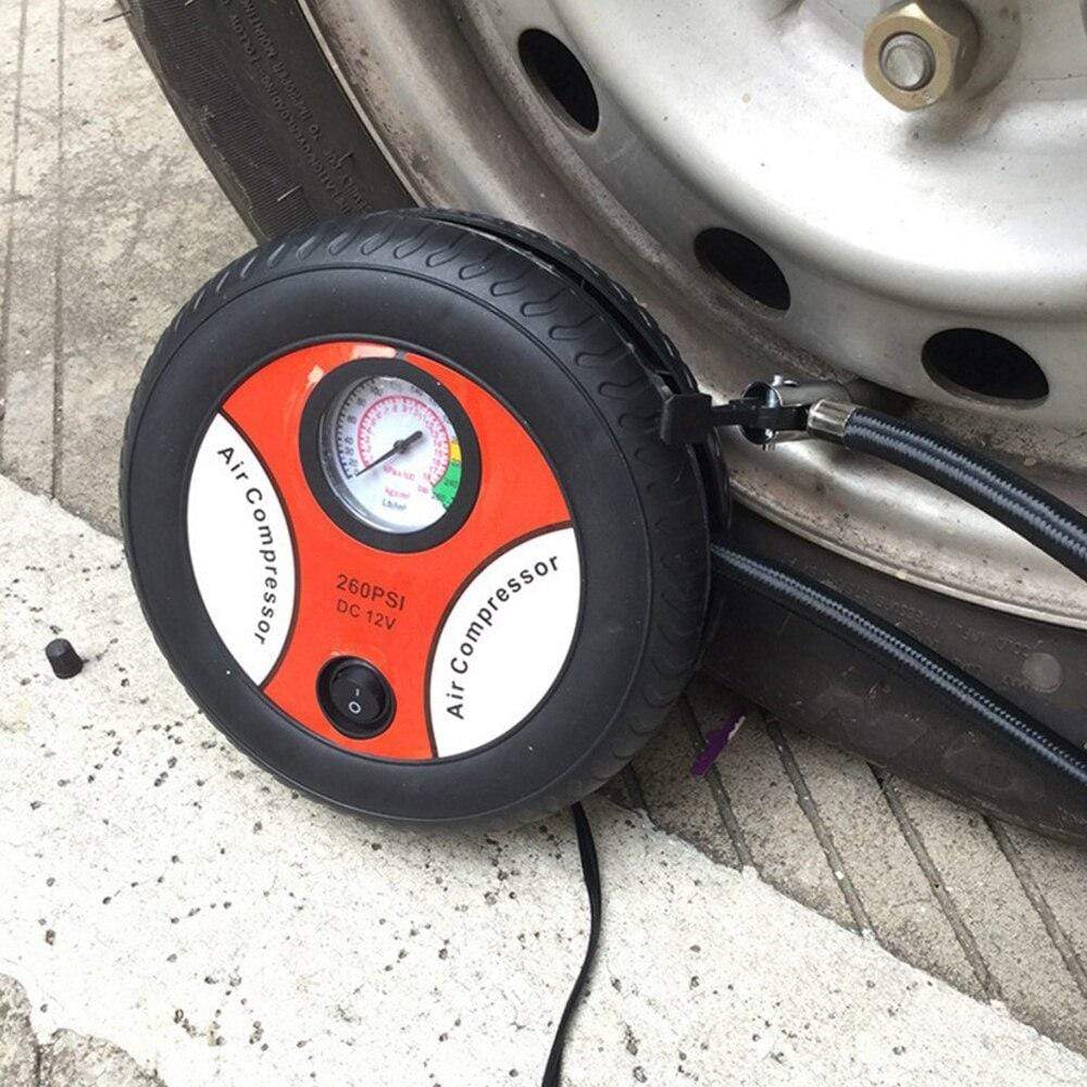 Tire Inflator | Compact 12V-Powered & Built-In Pressure Gauge | Includes 3 Adapters