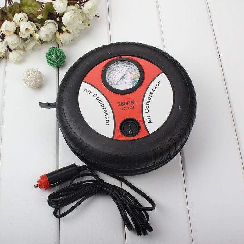 Tire Inflator | Compact 12V-Powered & Built-In Pressure Gauge | Includes 3 Adapters