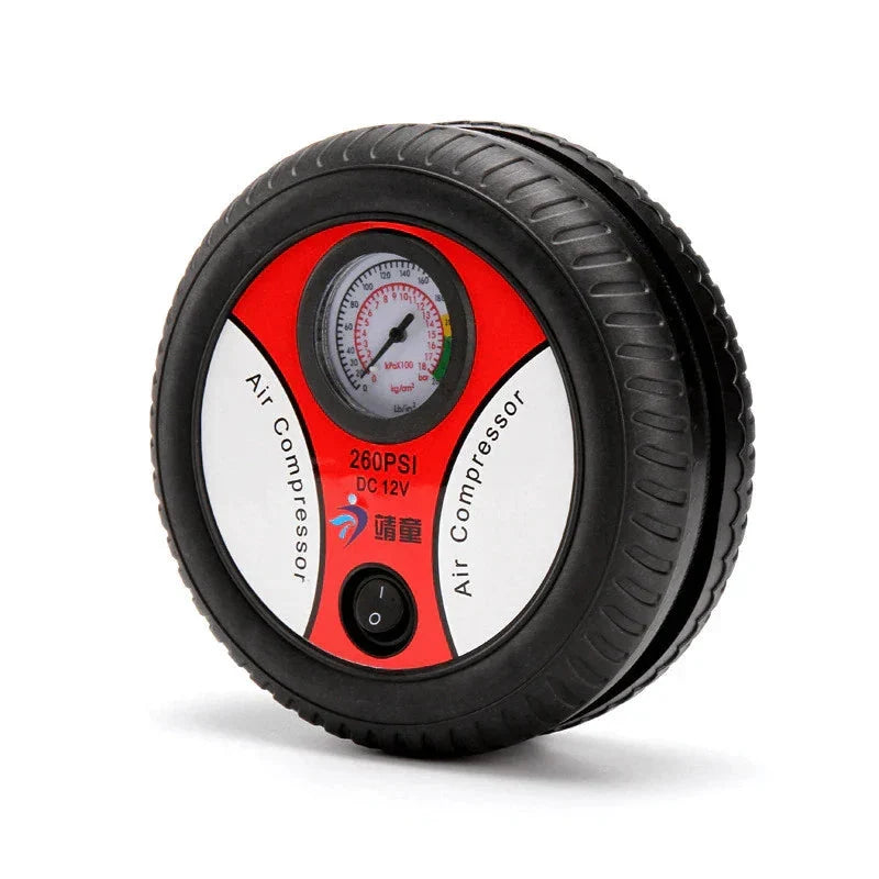 Tire Inflator | Compact 12V-Powered & Built-In Pressure Gauge | Includes 3 Adapters