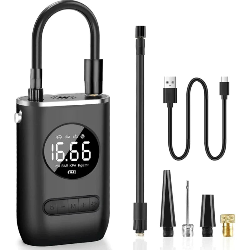 Tire Pump | 150 PSI USB Rechargeable & LED Light | Multi-Nozzle