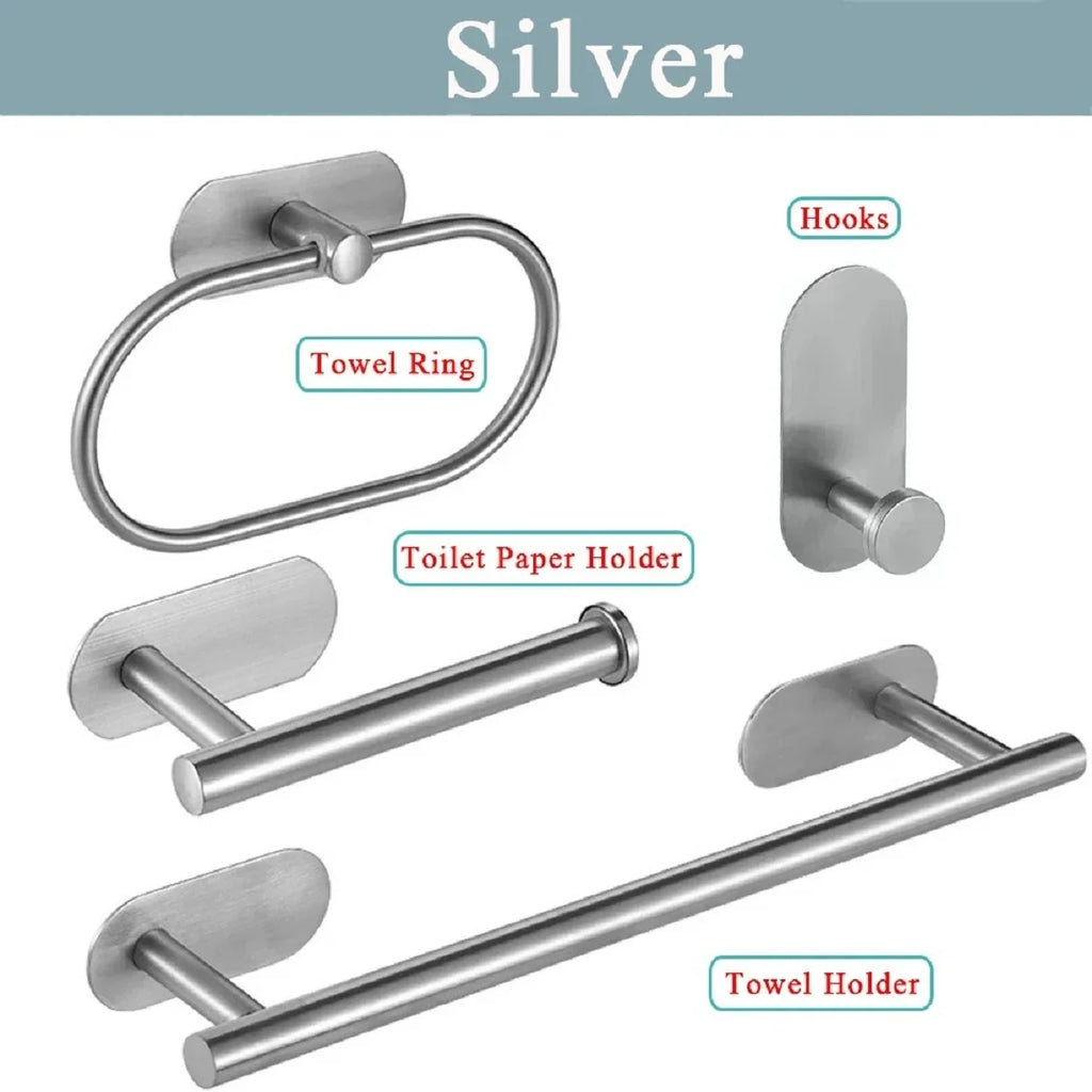 Towel Holder Set | Self-Adhesive Stainless Steel | 4-Piece Set