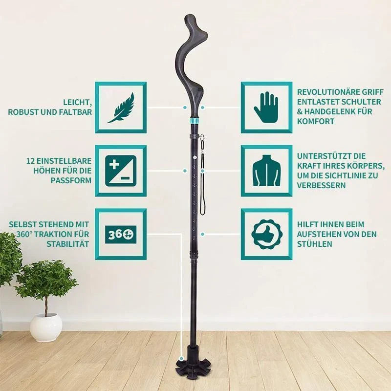 Walking Cane | Ergonomic Handle & Foldable | 12 Height Settings