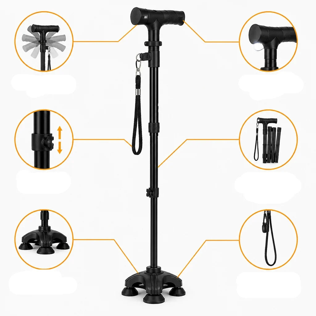 Walking Cane | Foldable Aluminum Height-Adjustable Double-Joint Handle & Integrated LED