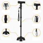 Walking Cane | Foldable Aluminum Height-Adjustable Double-Joint Handle & Integrated LED