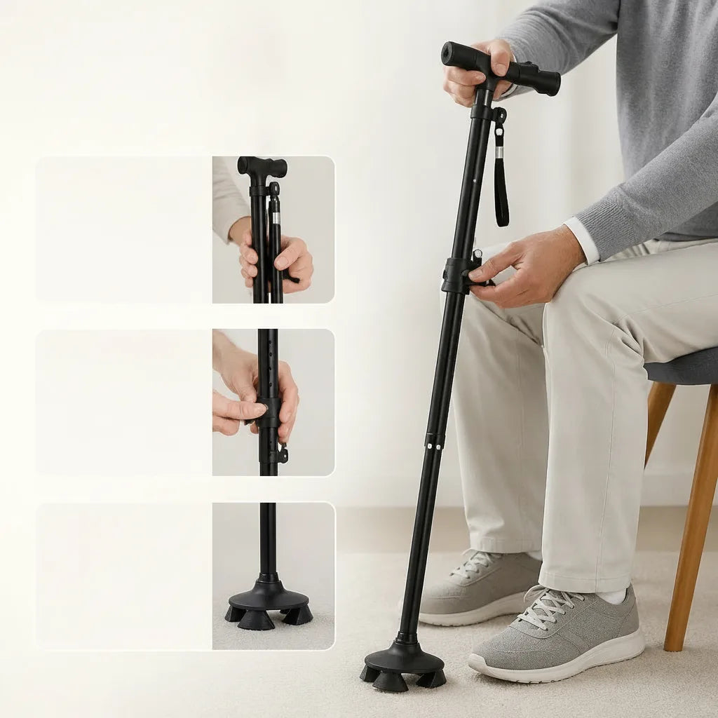 Walking Cane | Foldable Aluminum Height-Adjustable Double-Joint Handle & Integrated LED