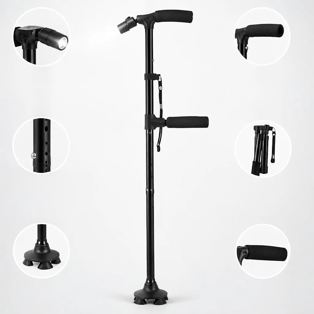 Walking Cane | Foldable Aluminum Height-Adjustable Double-Joint Handle & Integrated LED
