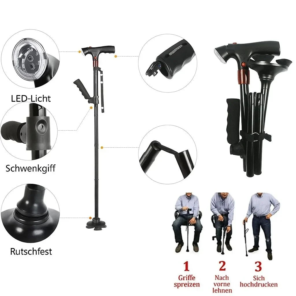 Walking Cane | LED Light & Emergency Alarm | Foldable & Height-Adjustable