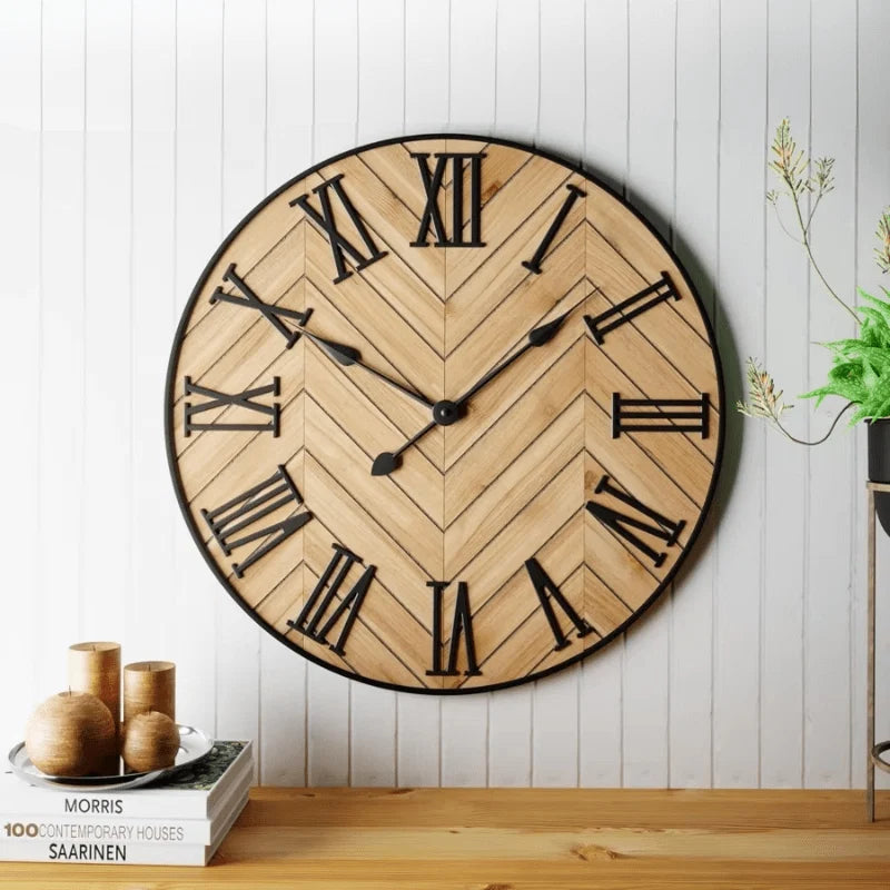 Wall Clock | Traditional Roman Numerals & Wood & Metal | 30 cm