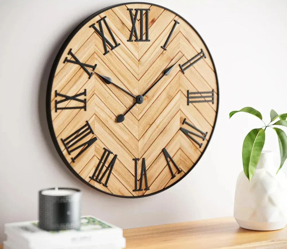 Wall Clock | Traditional Roman Numerals & Wood & Metal | 30 cm