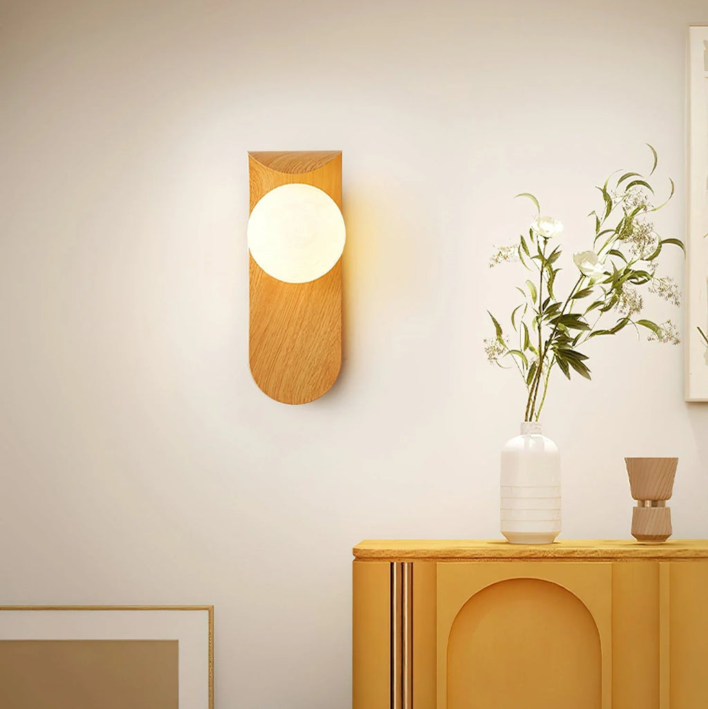 Wall Lamp | Curved Wood-Effect Walnut Finish & Glass Shade
