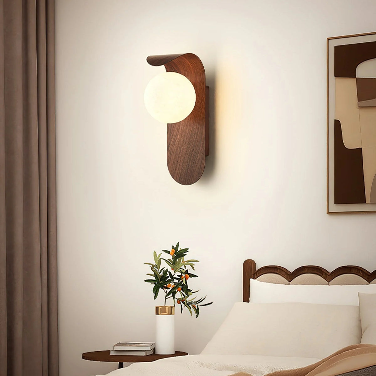 Wall Lamp | Curved Wood-Effect Walnut Finish & Glass Shade