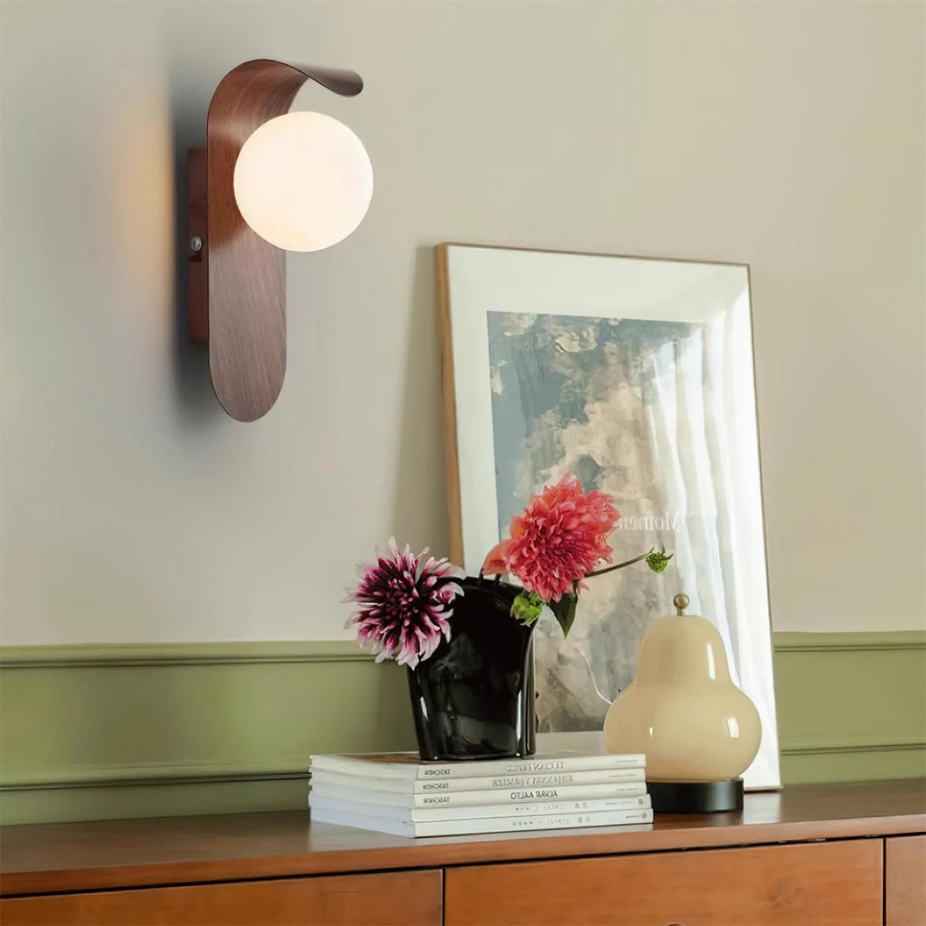 Wall Lamp | Curved Wood-Effect Walnut Finish & Glass Shade