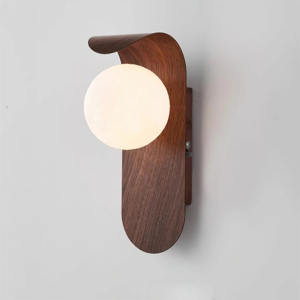 Wall Lamp | Curved Wood-Effect Walnut Finish & Glass Shade