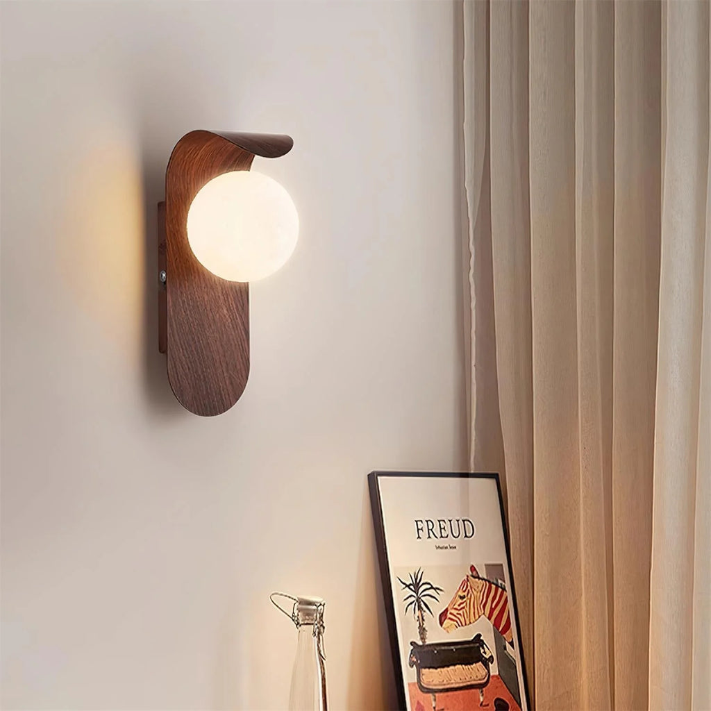 Wall Lamp | Curved Wood-Effect Walnut Finish & Glass Shade