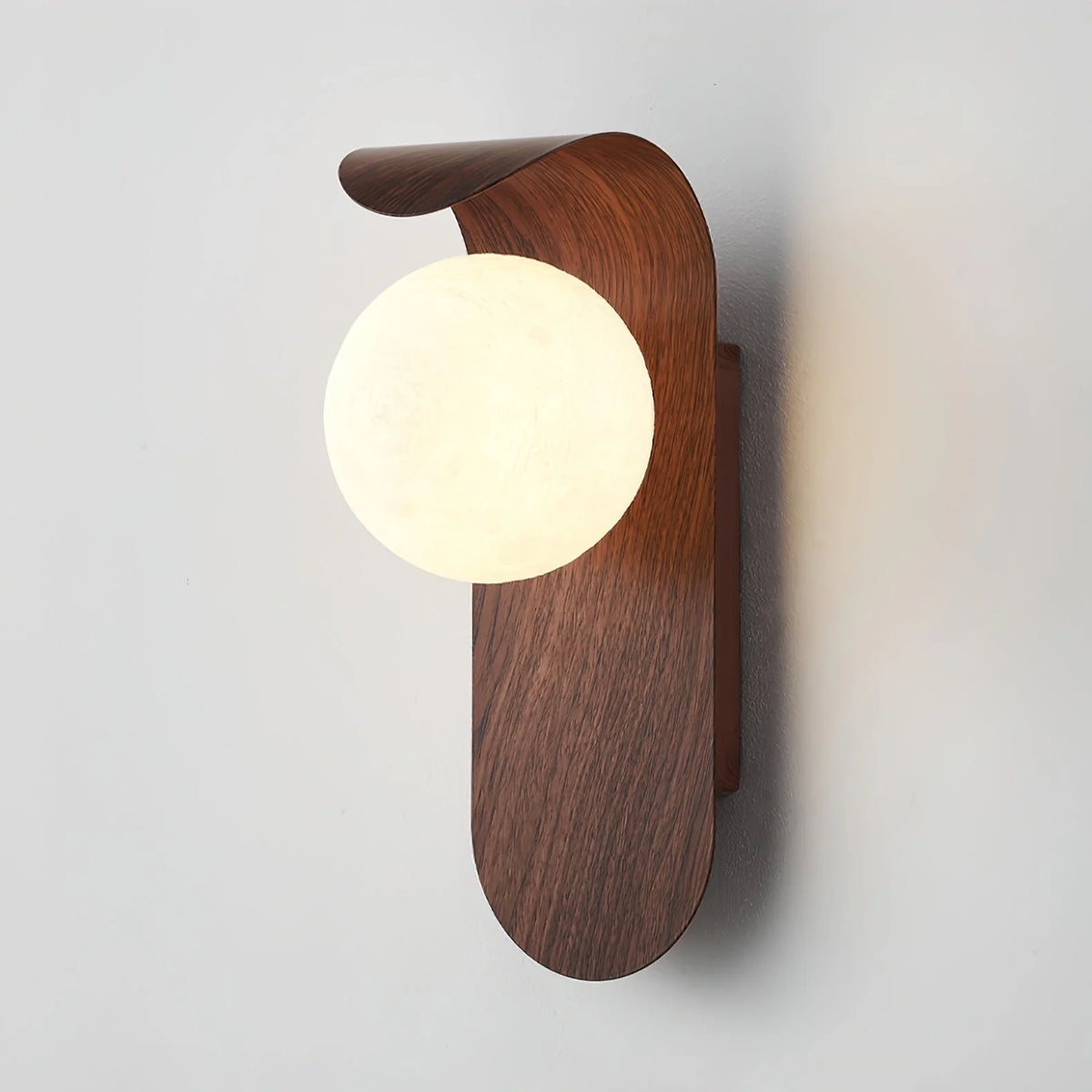 Wall Lamp | Curved Wood-Effect Walnut Finish & Glass Shade